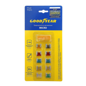 Набор флажковых пластиковых предохранителей Goodyear «микро» 10шт + экстрактор  (5А;7.5А;10А;15А;20А;25А;30А) фото в интернет-магазине АвтоОлимп