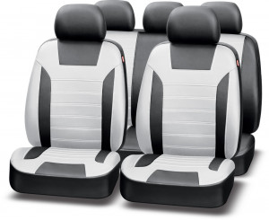 Авточехлы PLATINUM VIP, черный/белый , эко кожа, SRS AIRBAG, карман, 5 мм поролон, 6 молний фото в интернет-магазине АвтоОлимп