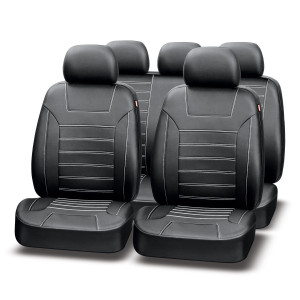 Авточехлы PLATINUM, черный/белая нить, эко кожа, SRS AIRBAG, карман, 5 мм поролон, 6 молний фото в интернет-магазине АвтоОлимп