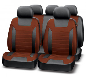 Авточехлы PLATINUM VIP, чер./коричневый, эко кожа,карман,5мм поролон, 6 молний, 11 предметов фото в интернет-магазине АвтоОлимп
